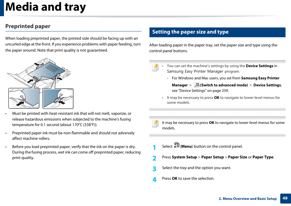 Setting the paper size and type, Media and tray, Preprinted paper | Samsung CLX-3305W-XPE User Manual | Page 49 / 334