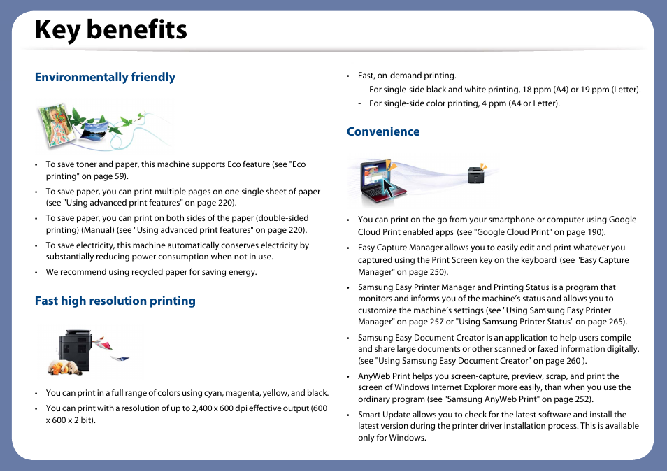 Key benefits, Environmentally friendly, Fast high resolution printing | Convenience | Samsung CLX-3305W-XPE User Manual | Page 5 / 334