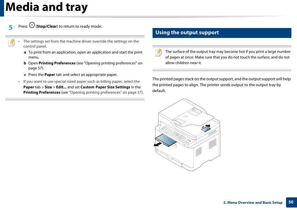 Using the output support, Media and tray | Samsung CLX-3305W-XPE User Manual | Page 50 / 334