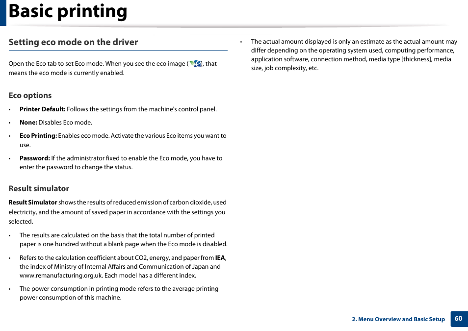 Basic printing, Setting eco mode on the driver | Samsung CLX-3305W-XPE User Manual | Page 60 / 334