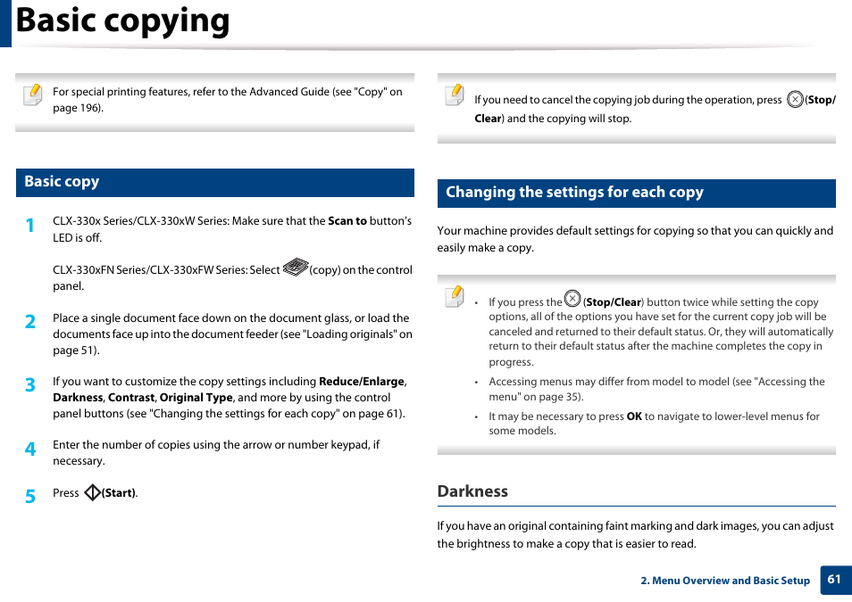 Basic copying, Basic copy, Changing the settings for each copy | Darkness | Samsung CLX-3305W-XPE User Manual | Page 61 / 334