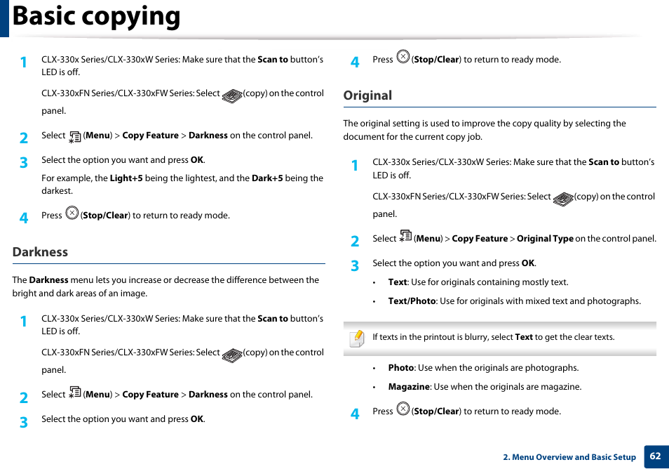Basic copying, Darkness, Original | Samsung CLX-3305W-XPE User Manual | Page 62 / 334