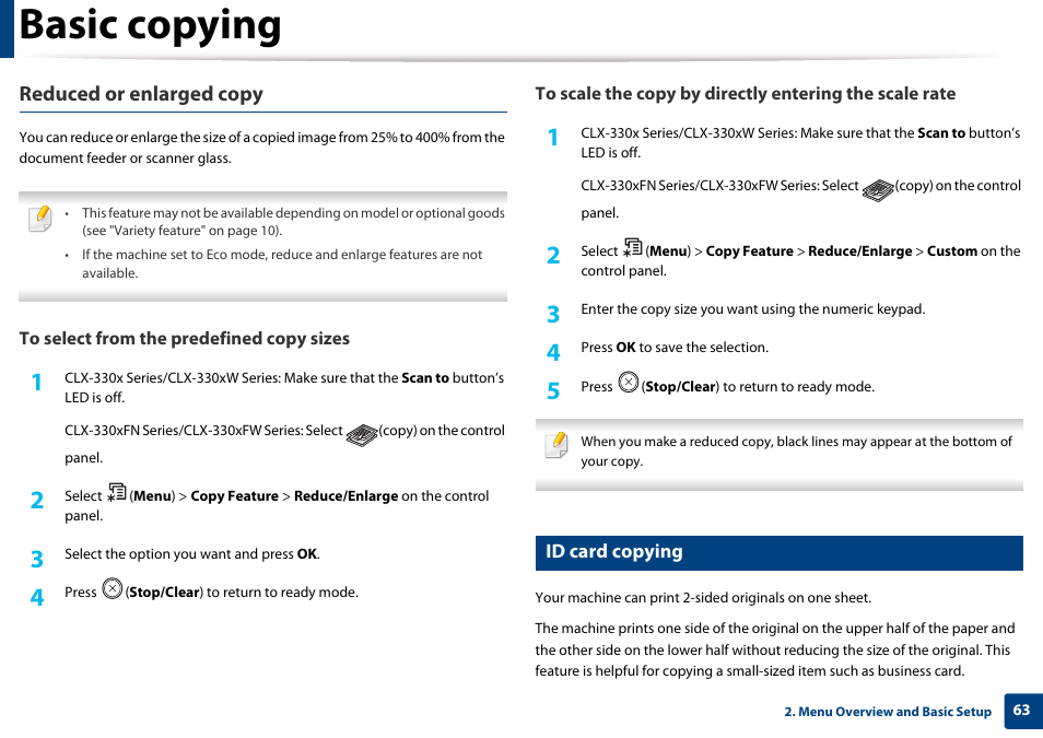 Id card copying, Basic copying, Reduced or enlarged copy | Samsung CLX-3305W-XPE User Manual | Page 63 / 334