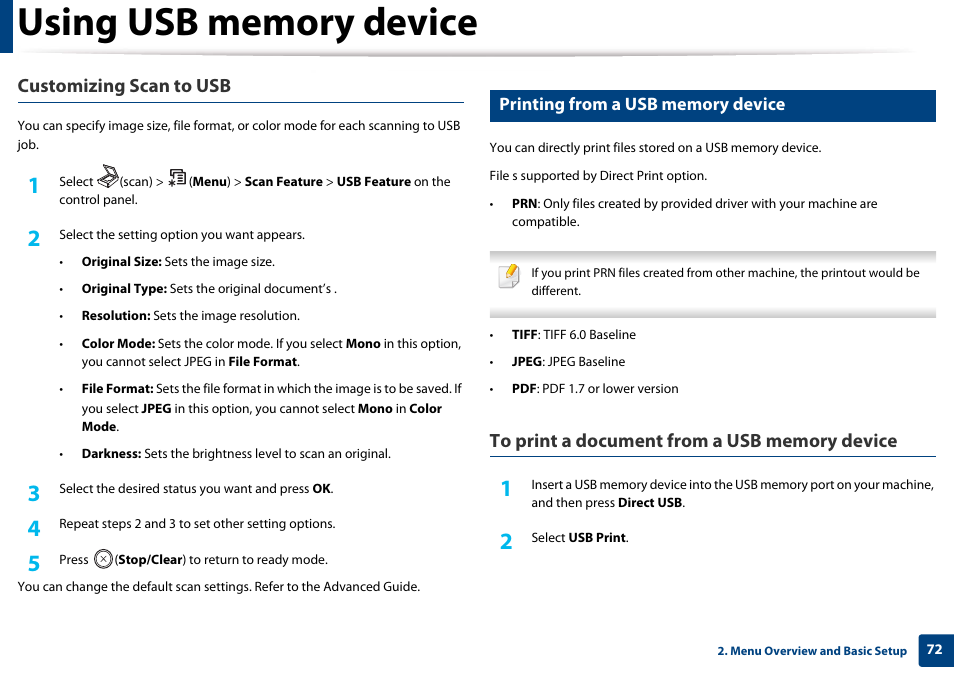 Printing from a usb memory device, Customizing scan to usb | Samsung CLX-3305W-XPE User Manual | Page 72 / 334