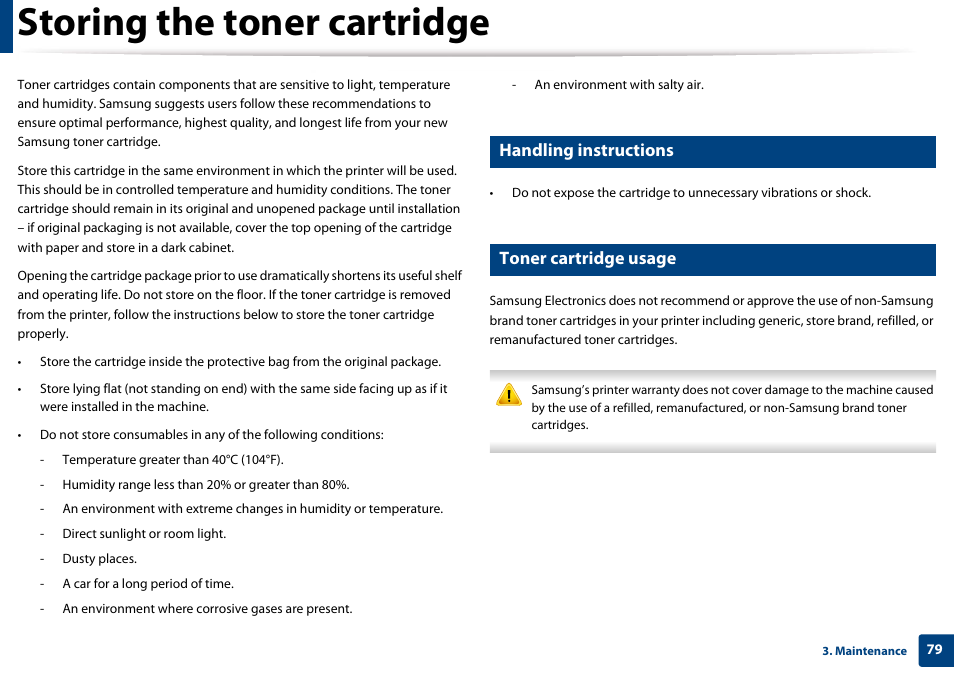 Storing the toner cartridge, Handling instructions, Toner cartridge usage | Samsung CLX-3305W-XPE User Manual | Page 79 / 334
