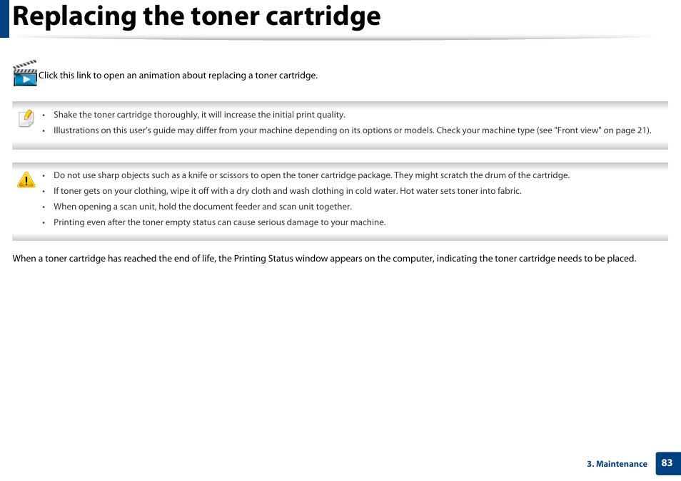 Replacing the toner cartridge | Samsung CLX-3305W-XPE User Manual | Page 83 / 334