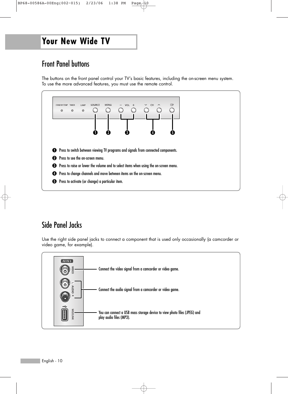 Front panel buttons, Side panel jacks, Your new wide tv | Samsung HLS5086WX-XAA User Manual | Page 10 / 131