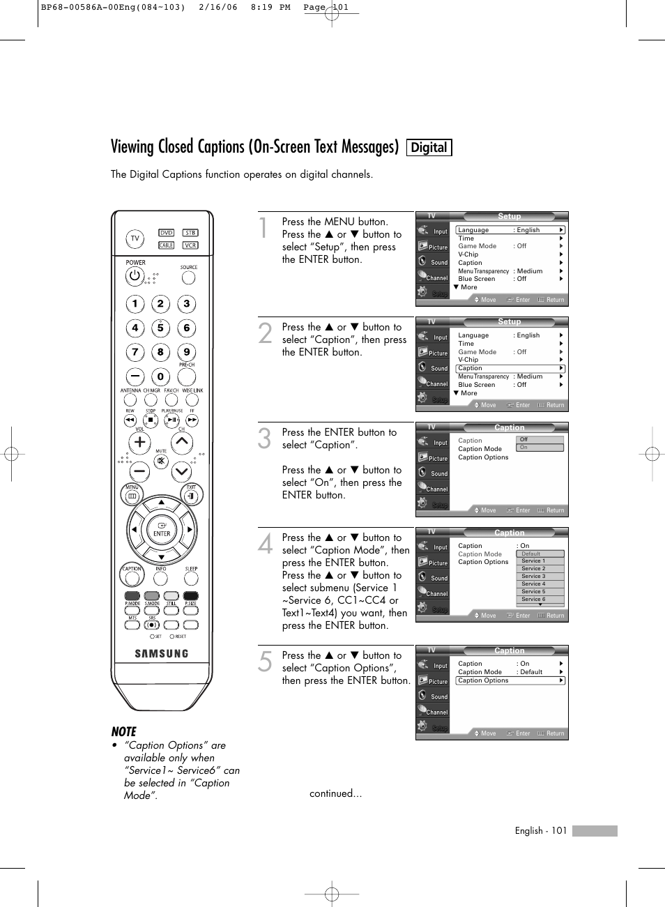 Viewing closed captions (on-screen text messages), Digital | Samsung HLS5086WX-XAA User Manual | Page 101 / 131