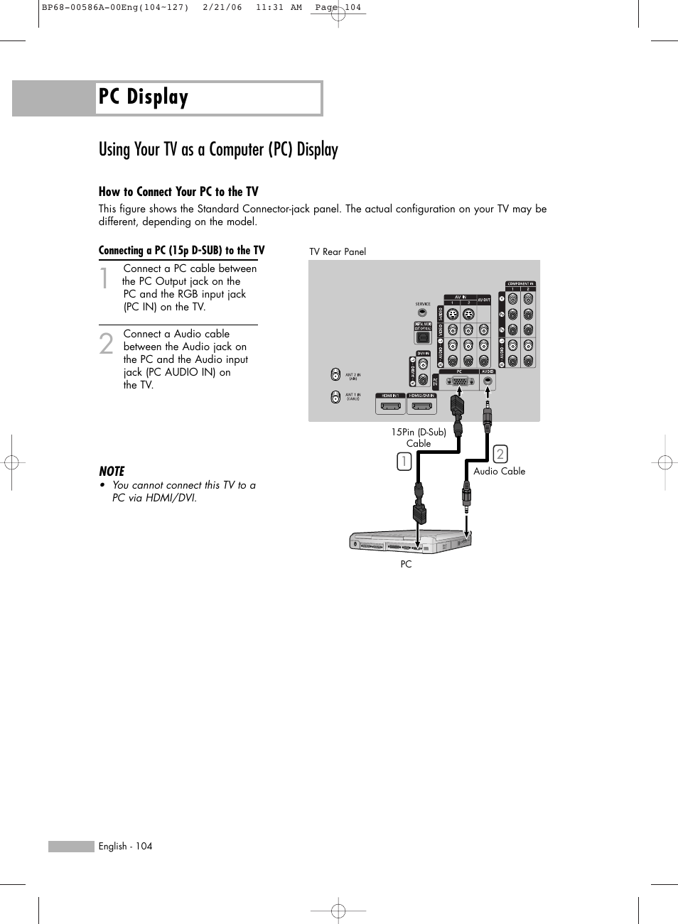 Using your tv as a computer (pc) display, Pc display | Samsung HLS5086WX-XAA User Manual | Page 104 / 131