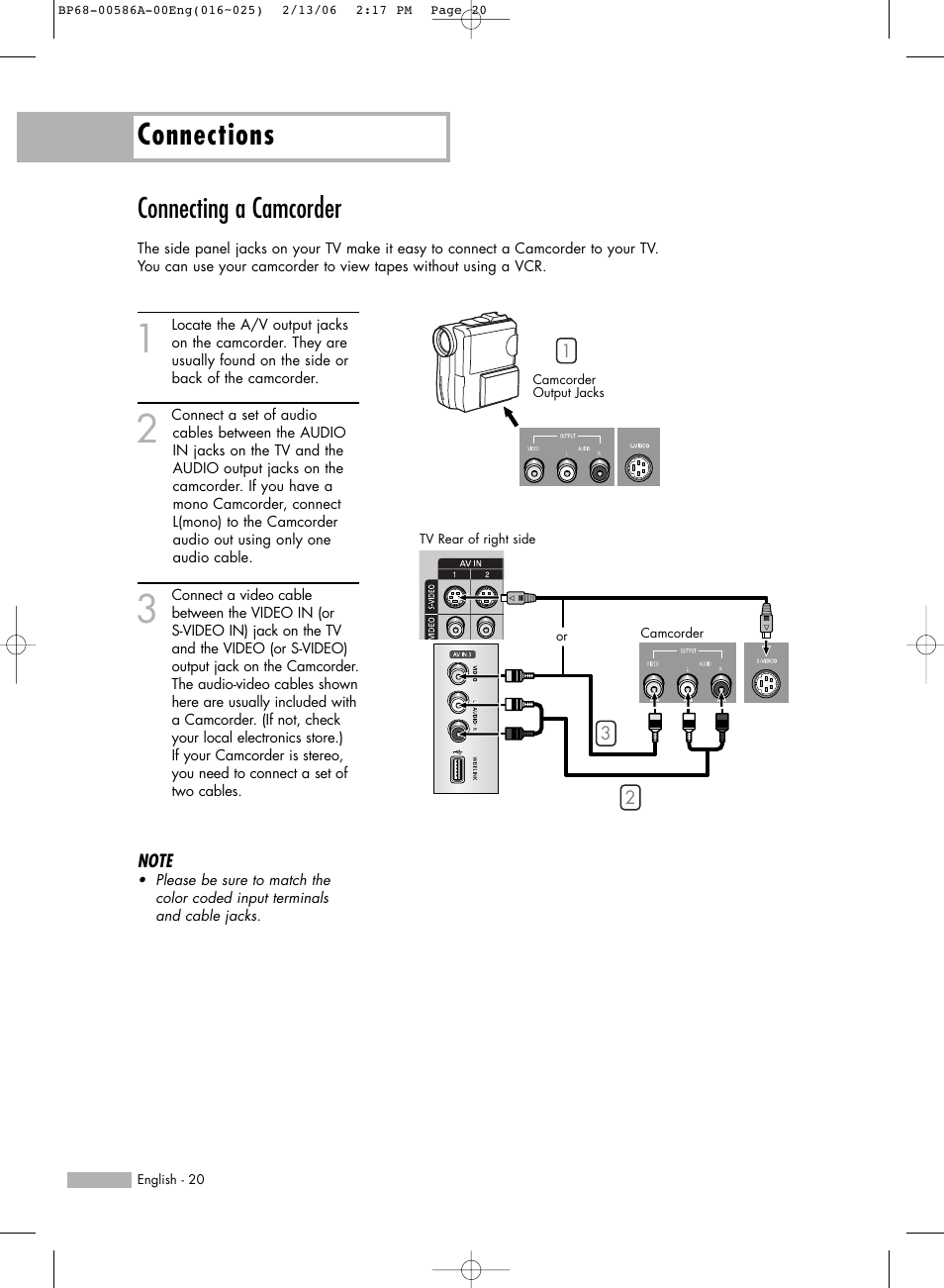 Connecting a camcorder, Connections | Samsung HLS5086WX-XAA User Manual | Page 20 / 131