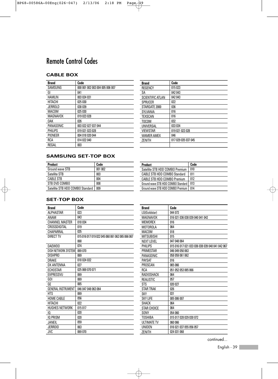 Remote control codes | Samsung HLS5086WX-XAA User Manual | Page 39 / 131