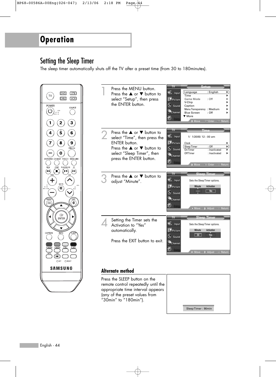 Setting the sleep timer, Operation, Alternate method | Samsung HLS5086WX-XAA User Manual | Page 44 / 131