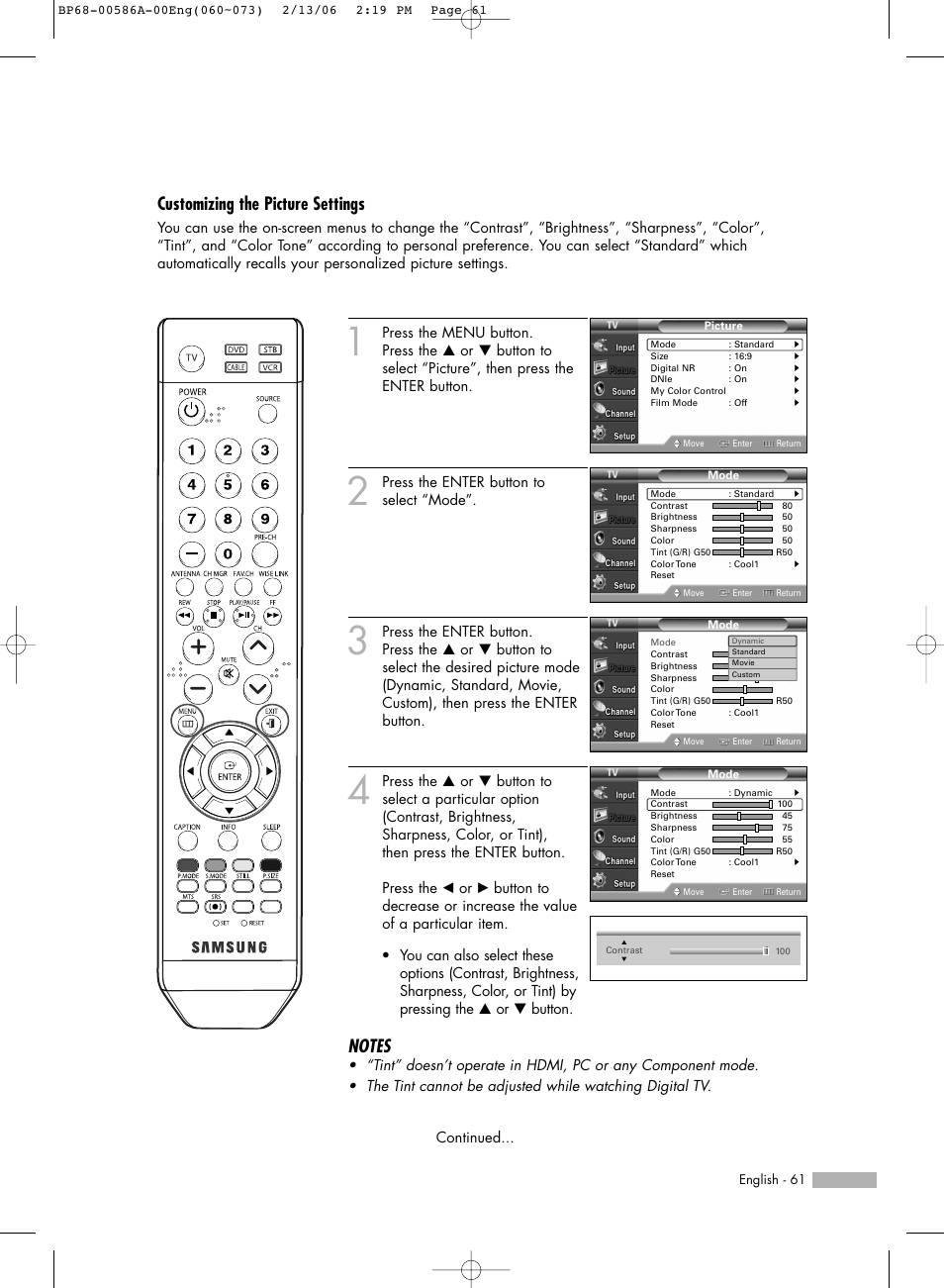 Customizing the picture settings | Samsung HLS5086WX-XAA User Manual | Page 61 / 131