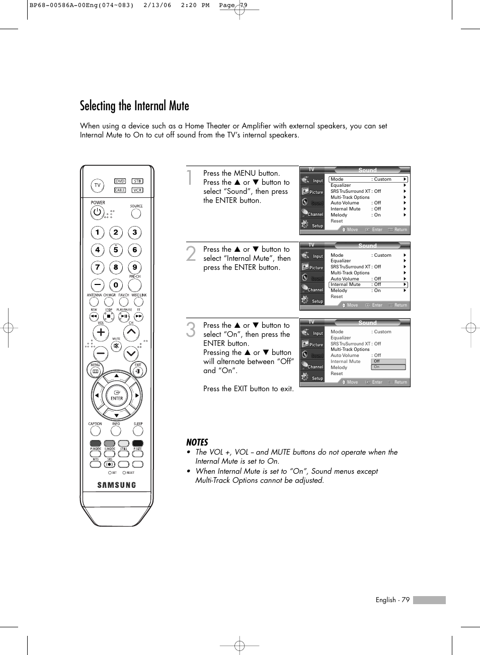 Selecting the internal mute | Samsung HLS5086WX-XAA User Manual | Page 79 / 131