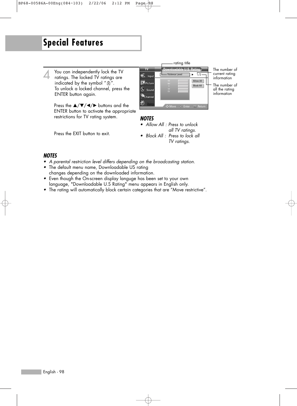 Special features | Samsung HLS5086WX-XAA User Manual | Page 98 / 131