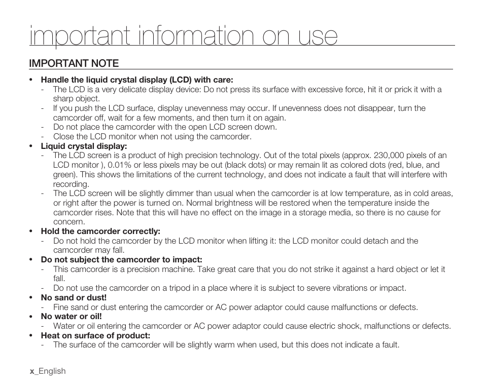 Important information on use, Important note | Samsung SMX-K40LN-XAA User Manual | Page 10 / 142
