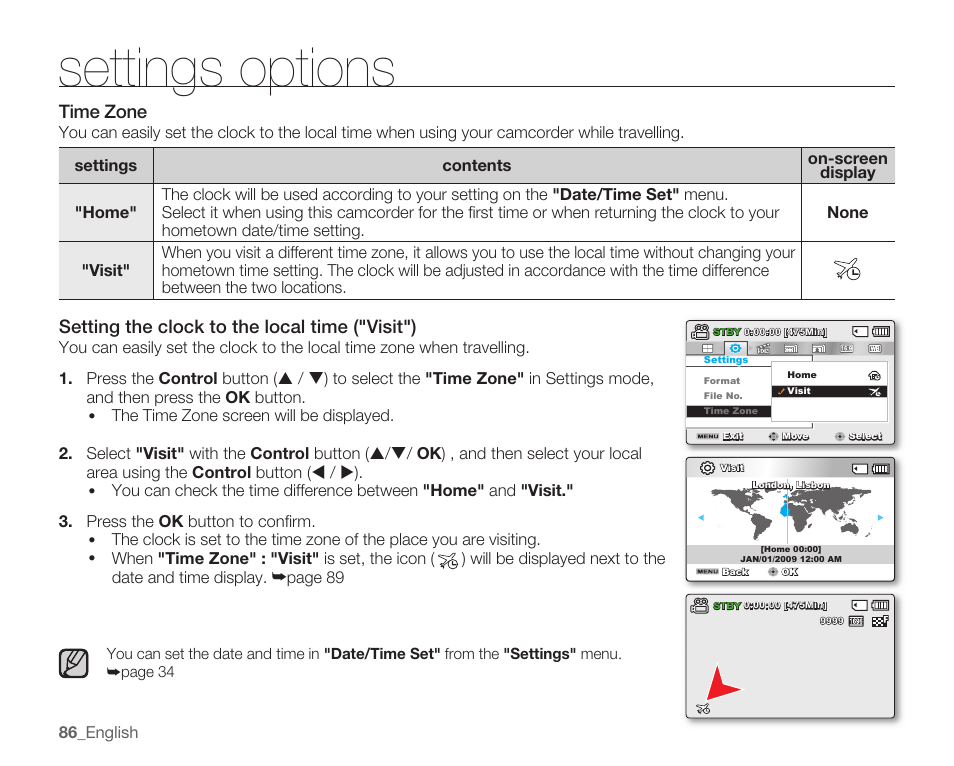 Time zone, Settings options, Setting the clock to the local time ("visit") | Samsung SMX-K40LN-XAA User Manual | Page 100 / 142