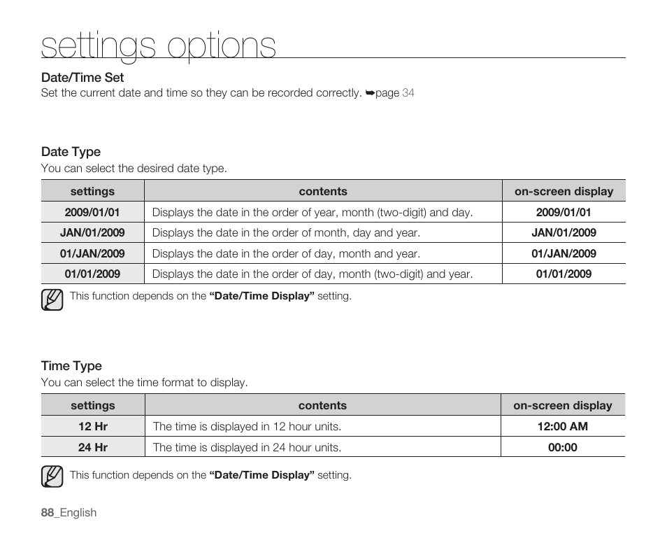 Date/time set, Date type, Time type | Settings options | Samsung SMX-K40LN-XAA User Manual | Page 102 / 142