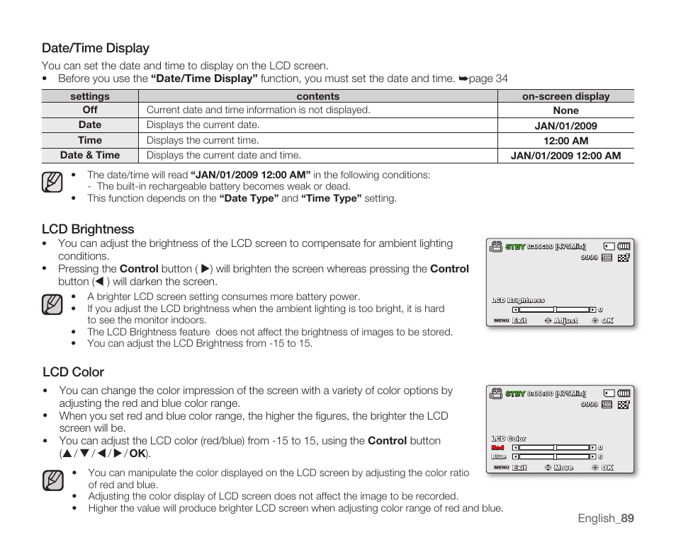 Date/time display, Lcd brightness, Lcd color | Samsung SMX-K40LN-XAA User Manual | Page 103 / 142