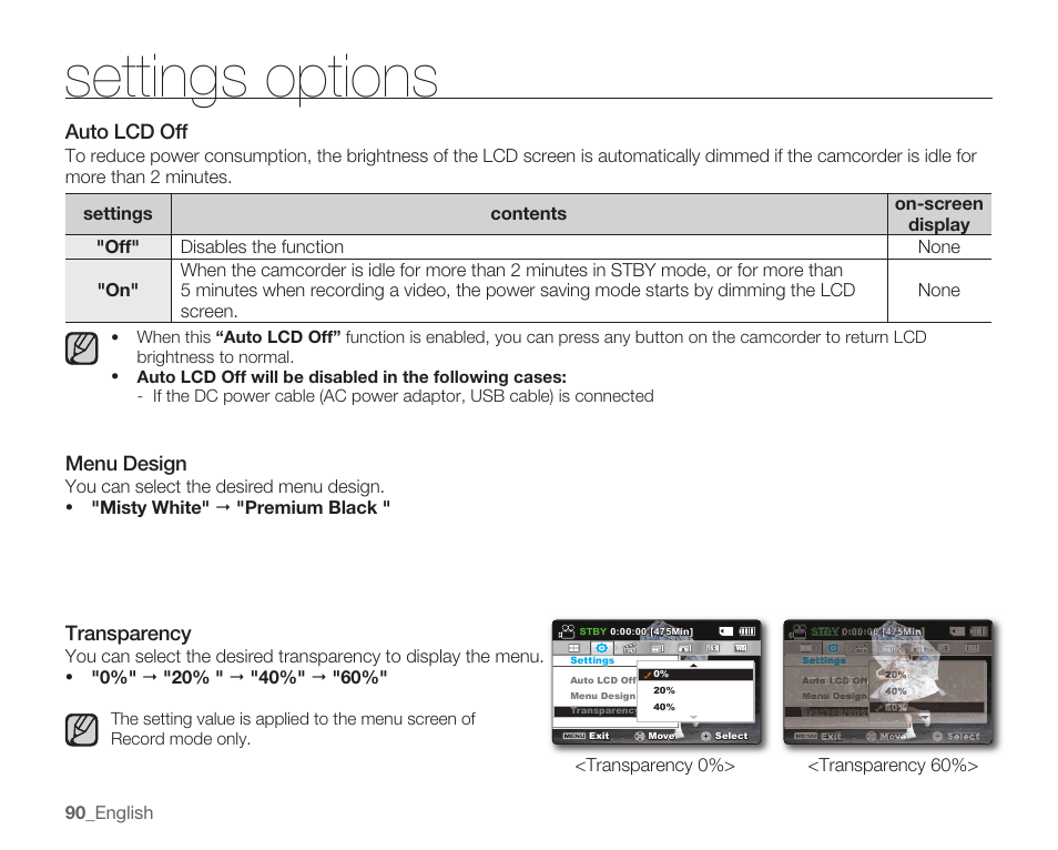 Auto lcd off, Menu design, Transparency | Settings options | Samsung SMX-K40LN-XAA User Manual | Page 104 / 142