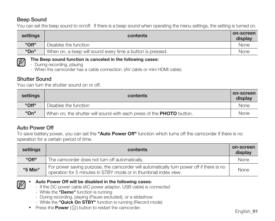 Beep sound, Shutter sound, Auto power off | Samsung SMX-K40LN-XAA User Manual | Page 105 / 142