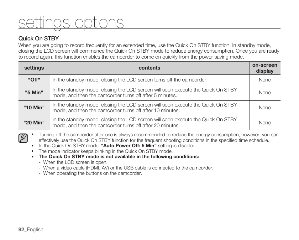 Quick on stby, Settings options | Samsung SMX-K40LN-XAA User Manual | Page 106 / 142