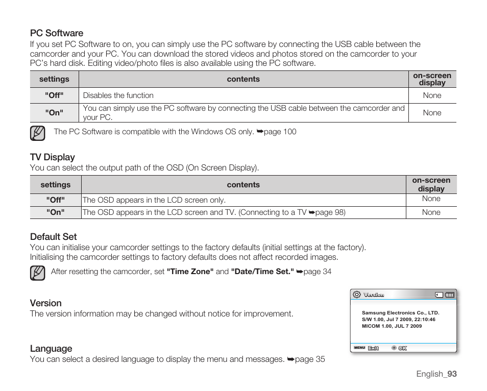Pc software, Tv display, Default set | Version, Language | Samsung SMX-K40LN-XAA User Manual | Page 107 / 142