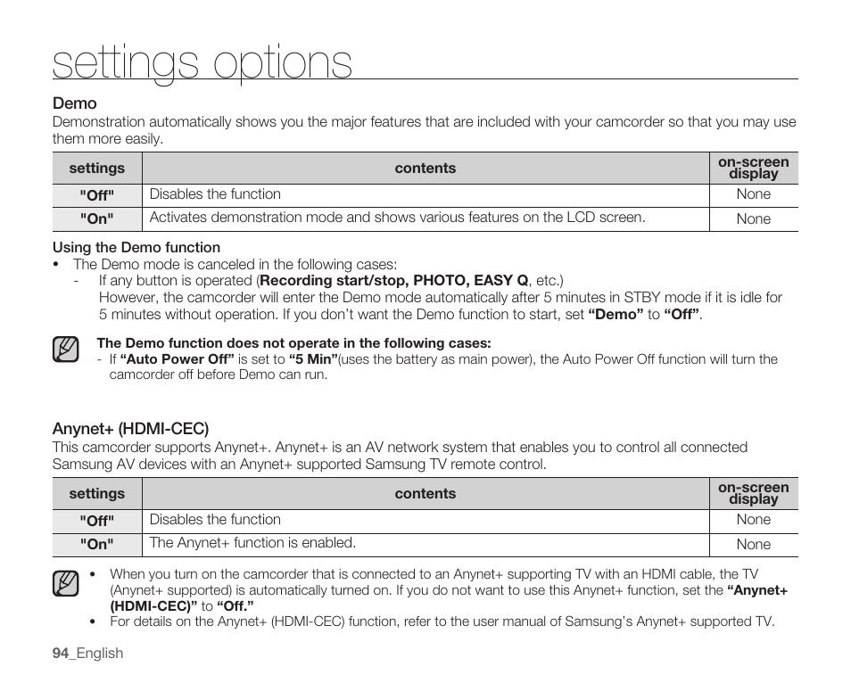 Demo, Anynet+ (hdmi-cec), Settings options | Samsung SMX-K40LN-XAA User Manual | Page 108 / 142