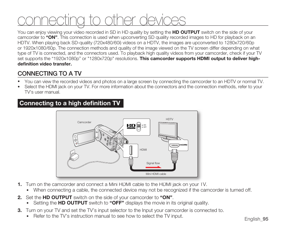 Connecting to other devices, Connecting to a tv, Connectingtoahighdefinitiontv | English _95 | Samsung SMX-K40LN-XAA User Manual | Page 109 / 142