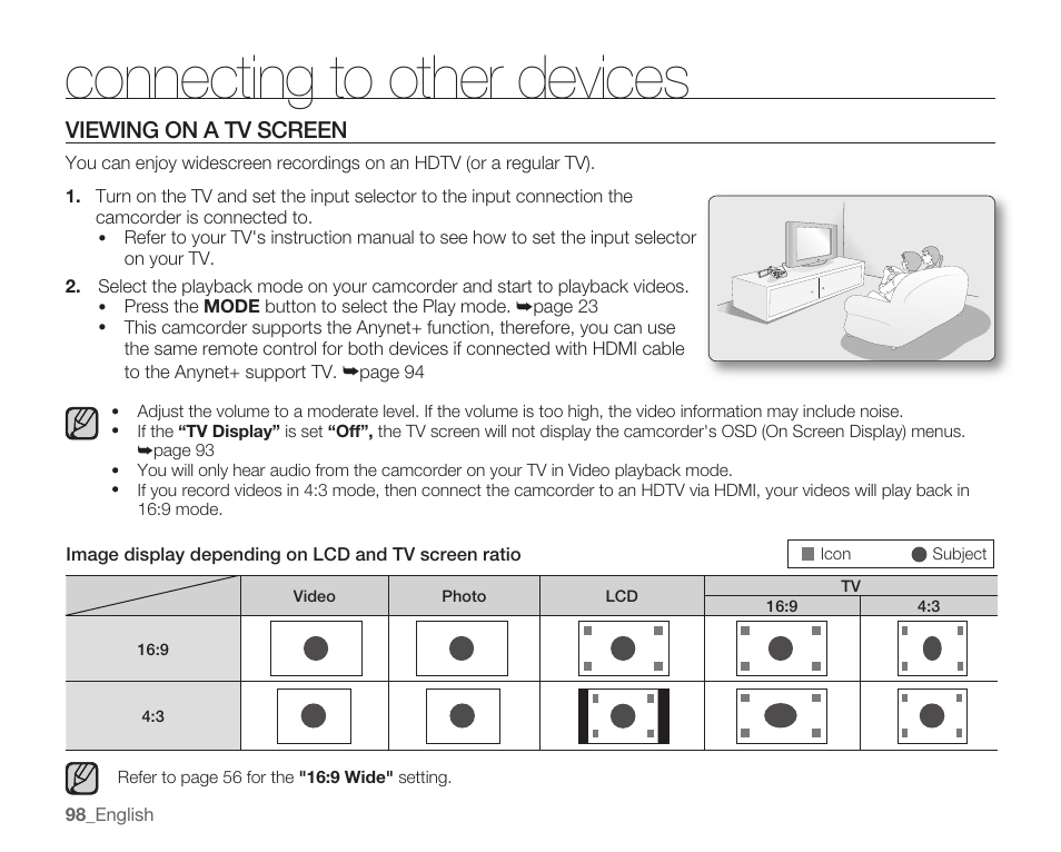 Viewing on a tv screen, Connecting to other devices, 98_ english | Image display depending on lcd and tv screen ratio, Wt on off mod e, Icon subject | Samsung SMX-K40LN-XAA User Manual | Page 112 / 142