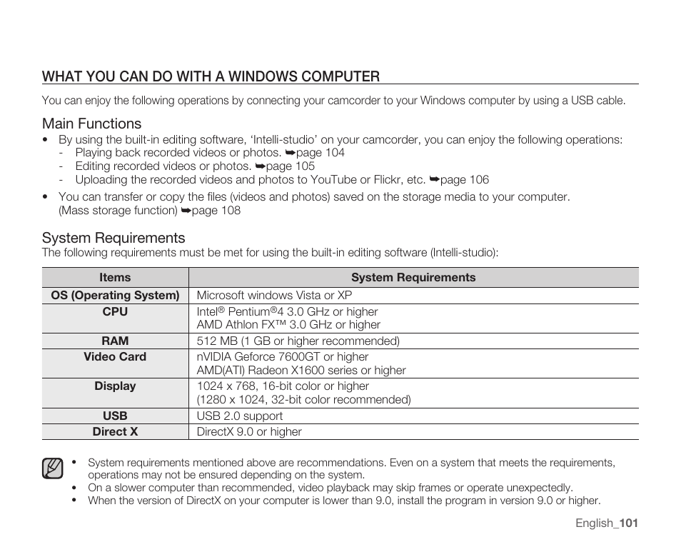 What you can do with a windows computer, Main functions, System requirements | Samsung SMX-K40LN-XAA User Manual | Page 115 / 142