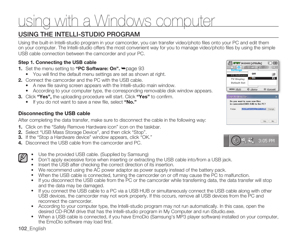 Using the intelli-studio program, Using with a windows computer | Samsung SMX-K40LN-XAA User Manual | Page 116 / 142