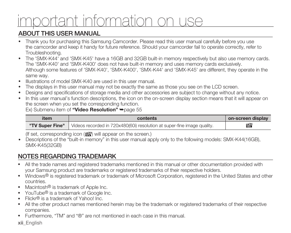 About this user manual, Notes regarding trademark, Important information on use | Samsung SMX-K40LN-XAA User Manual | Page 12 / 142