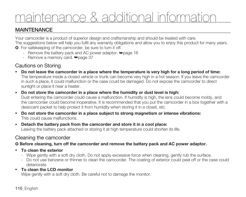 Maintenance & additional information, Maintenance | Samsung SMX-K40LN-XAA User Manual | Page 124 / 142