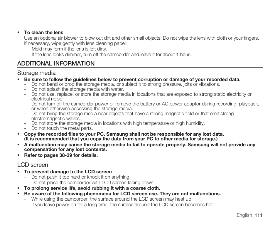 Additional information, Additional information storage media, Lcd screen | Samsung SMX-K40LN-XAA User Manual | Page 125 / 142