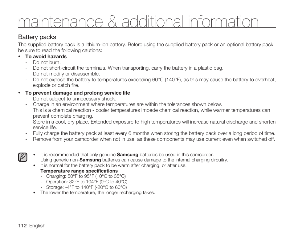 Maintenance & additional information, Battery packs | Samsung SMX-K40LN-XAA User Manual | Page 126 / 142