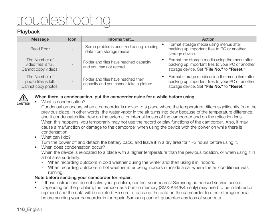 Troubleshooting | Samsung SMX-K40LN-XAA User Manual | Page 130 / 142