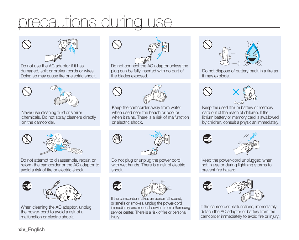 Precautions during use | Samsung SMX-K40LN-XAA User Manual | Page 14 / 142