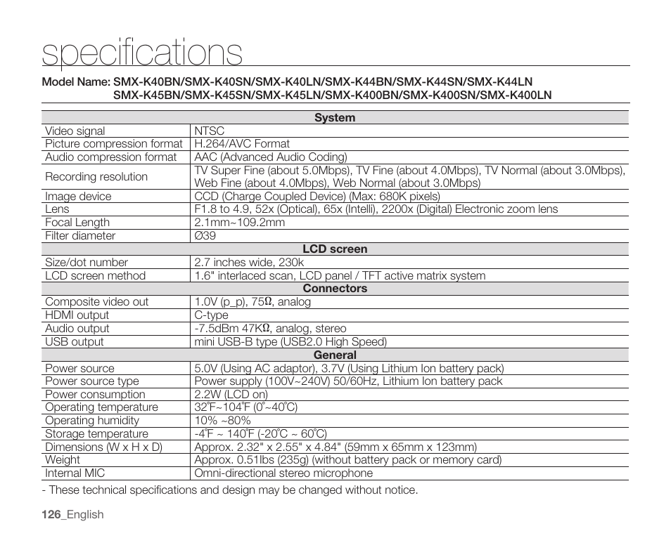 Specifications | Samsung SMX-K40LN-XAA User Manual | Page 140 / 142