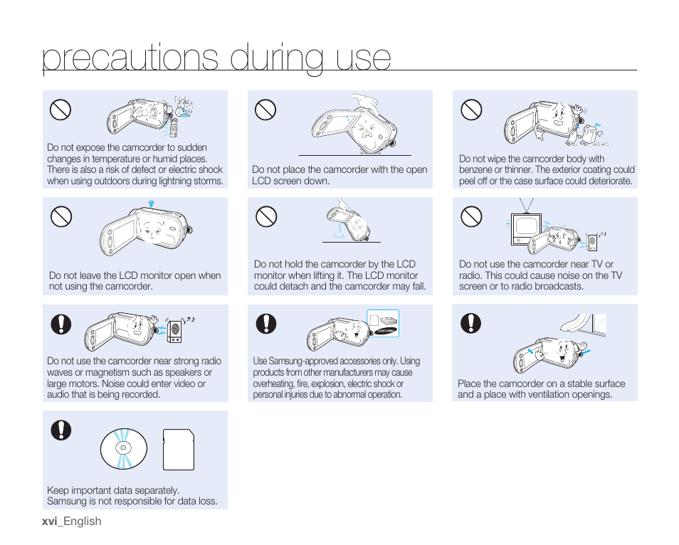 Precautions during use | Samsung SMX-K40LN-XAA User Manual | Page 16 / 142