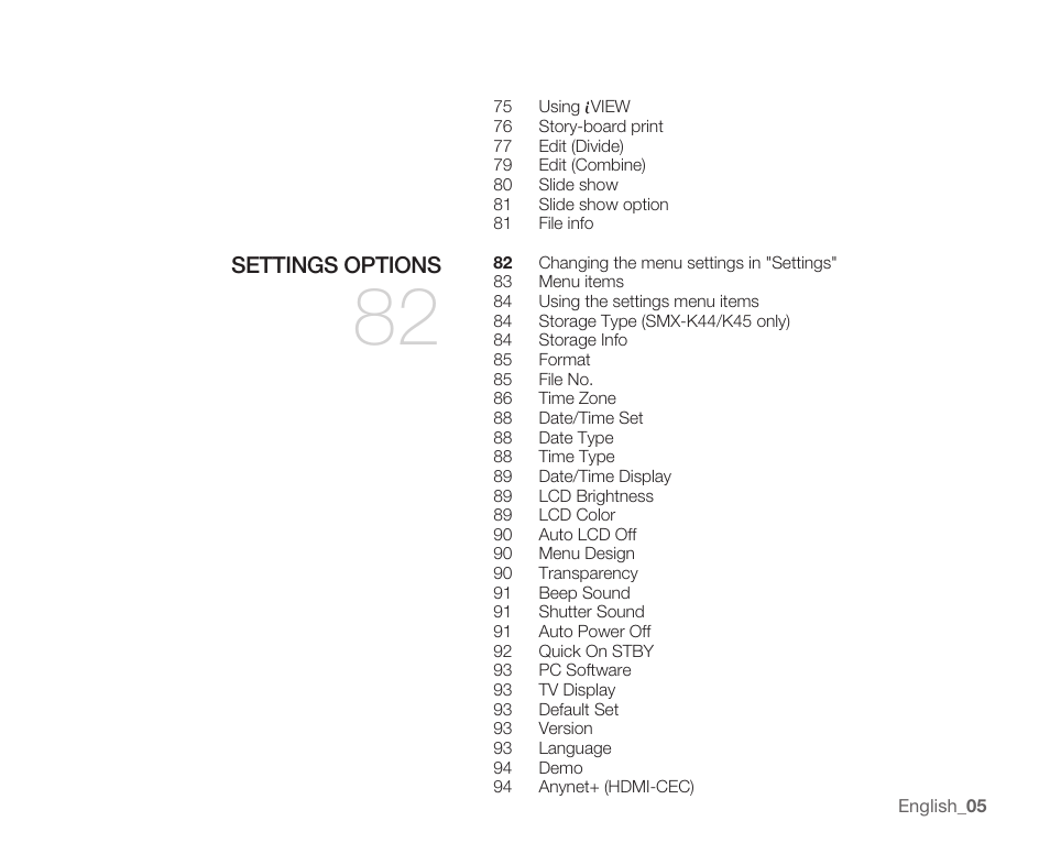 Settings options | Samsung SMX-K40LN-XAA User Manual | Page 19 / 142