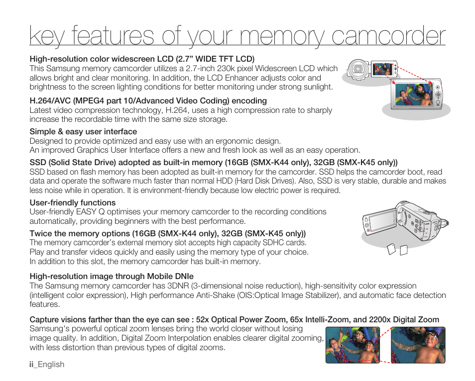 Key features of your memory camcorder | Samsung SMX-K40LN-XAA User Manual | Page 2 / 142