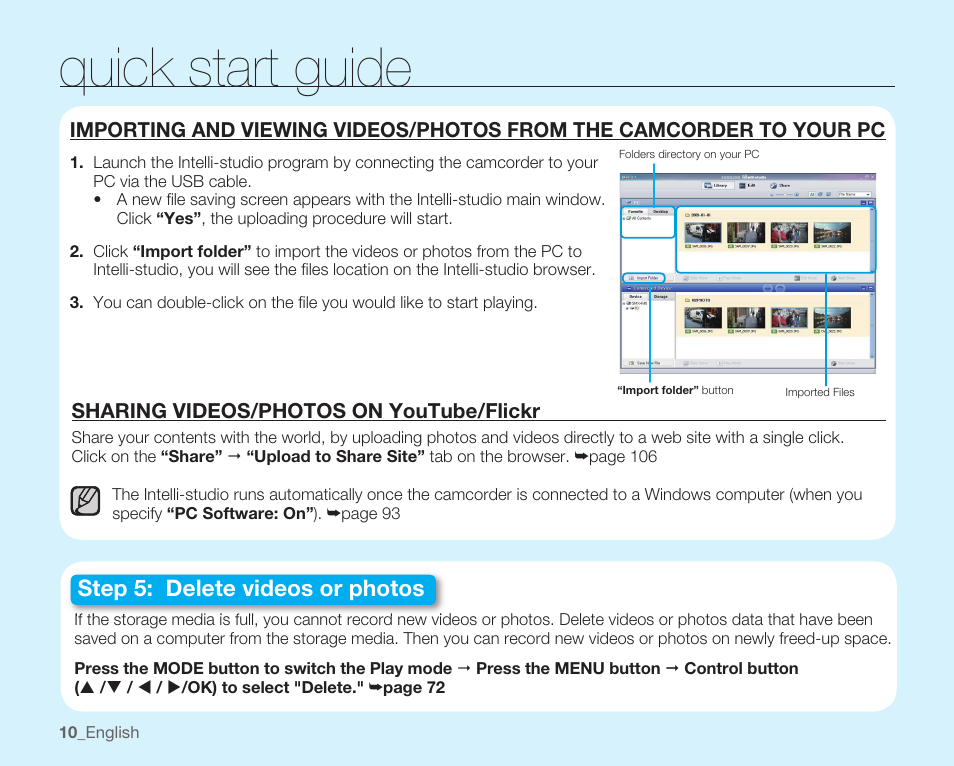 Sharing videos/photos on youtube/flickr, Quick start guide, Step 5: delete videos or photos | Samsung SMX-K40LN-XAA User Manual | Page 24 / 142