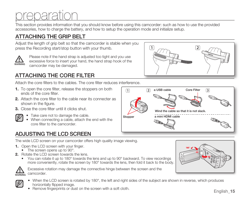 Preparation, Attaching the grip belt, Attaching the core filter | Adjusting the lcd screen | Samsung SMX-K40LN-XAA User Manual | Page 29 / 142