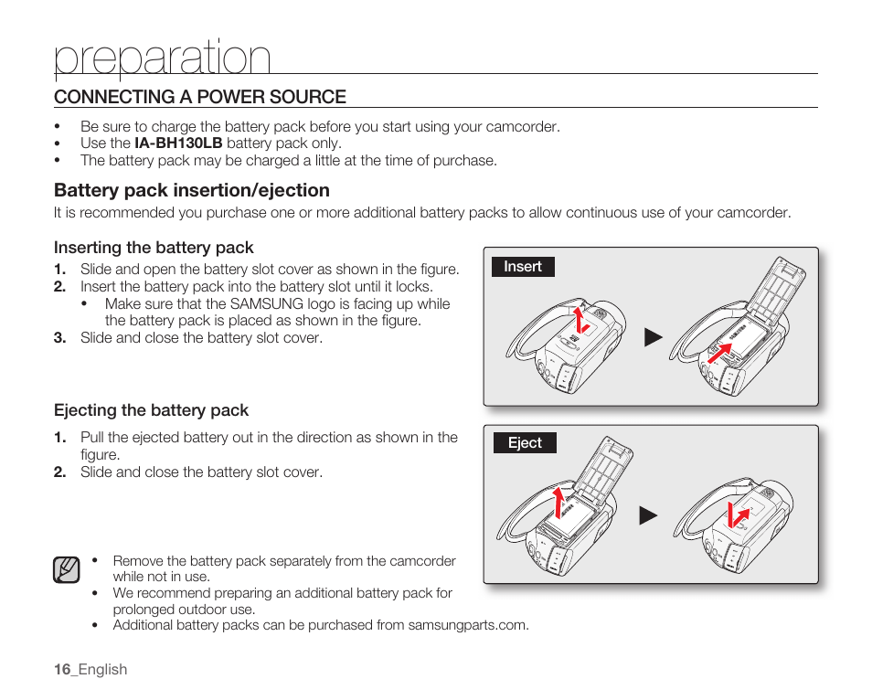 Connecting a power source, Preparation | Samsung SMX-K40LN-XAA User Manual | Page 30 / 142