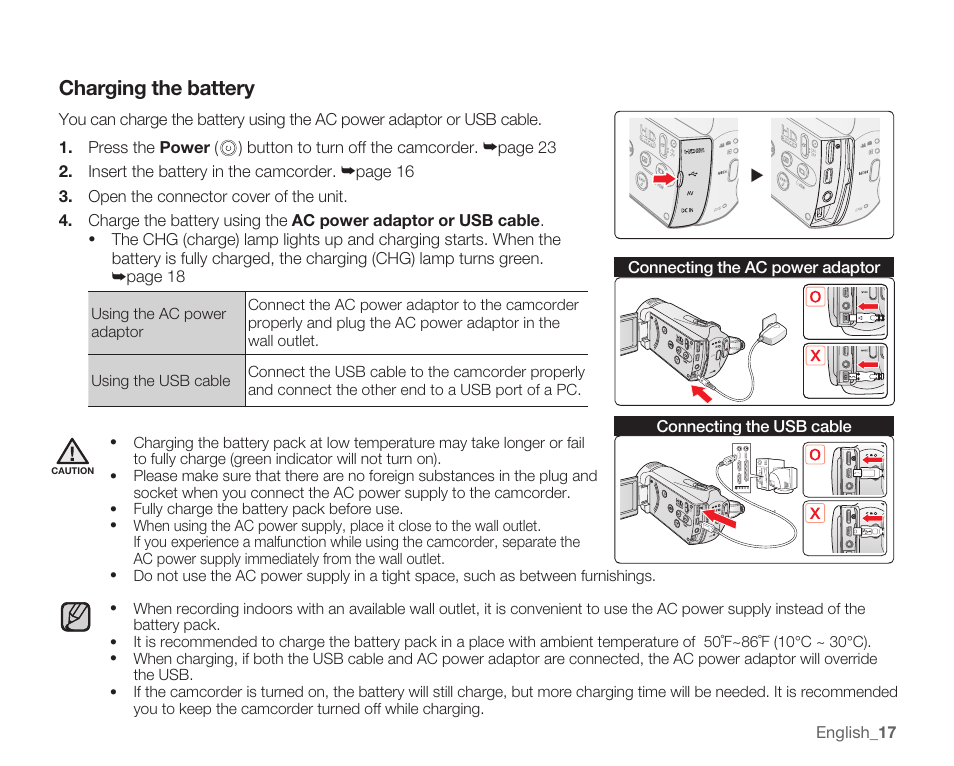 Charging the battery, Connecting the usb cable, Connecting the ac power adaptor | English _17 | Samsung SMX-K40LN-XAA User Manual | Page 31 / 142