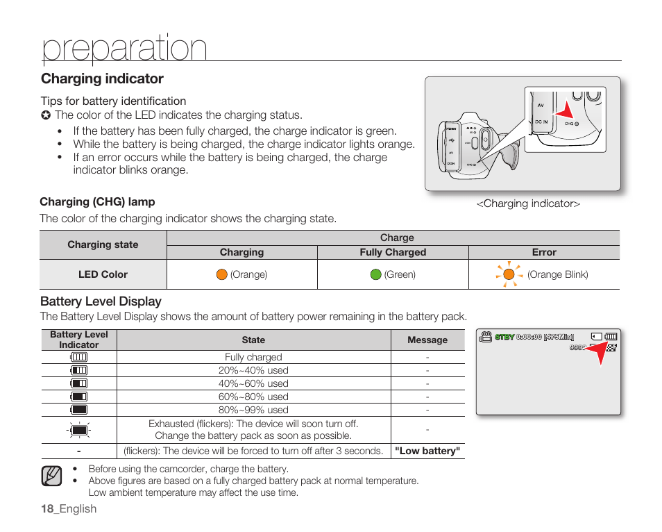 Preparation, Charging indicator | Samsung SMX-K40LN-XAA User Manual | Page 32 / 142