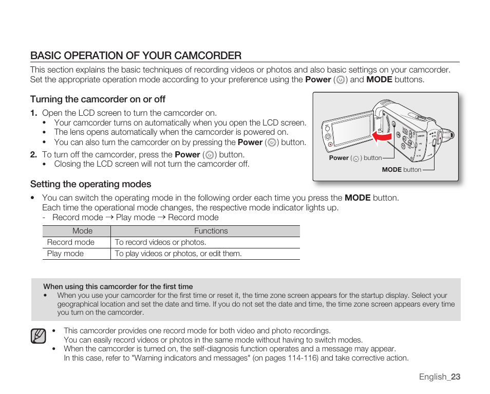 Basic operation of your camcorder, Turning the camcorder on or off, Setting the operating modes | Samsung SMX-K40LN-XAA User Manual | Page 37 / 142