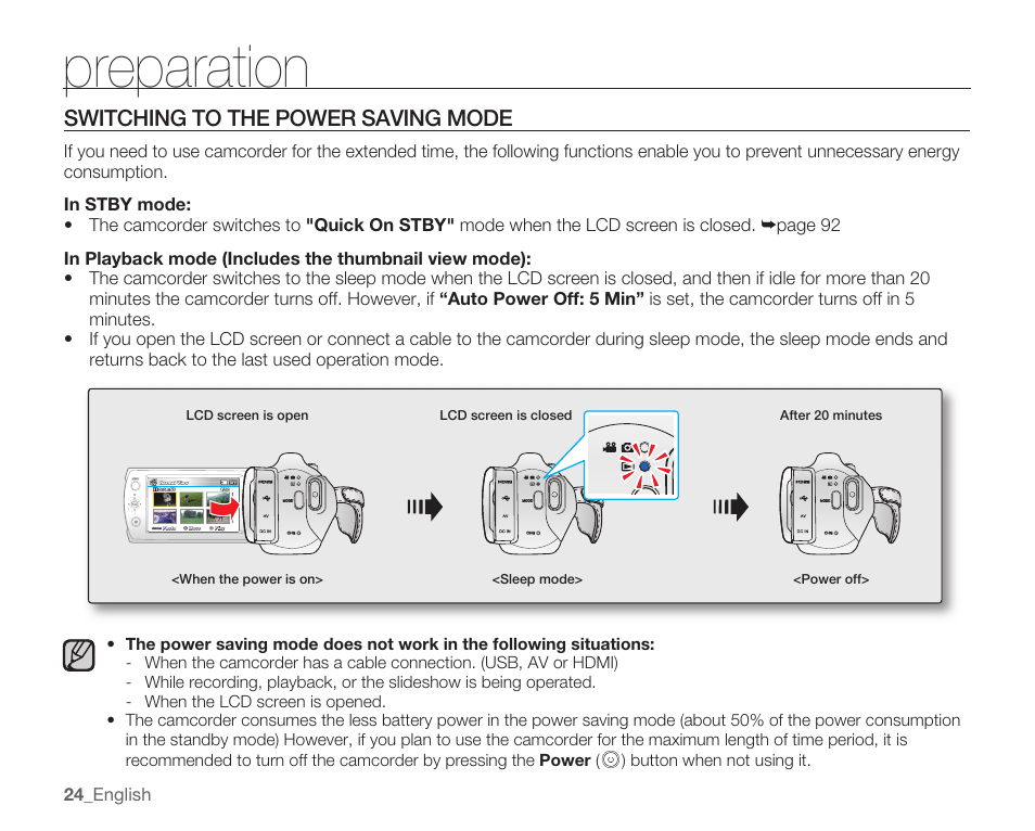 Switching to the power saving mode, Preparation | Samsung SMX-K40LN-XAA User Manual | Page 38 / 142