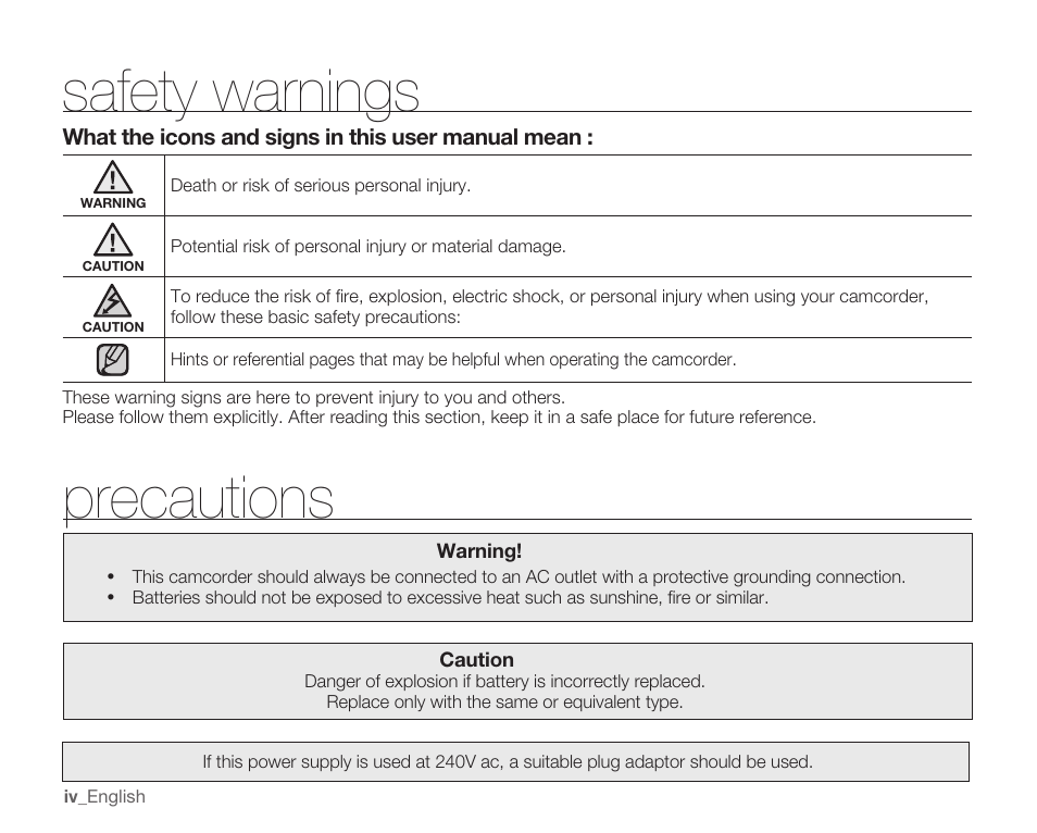 Safety warnings, Precautions | Samsung SMX-K40LN-XAA User Manual | Page 4 / 142